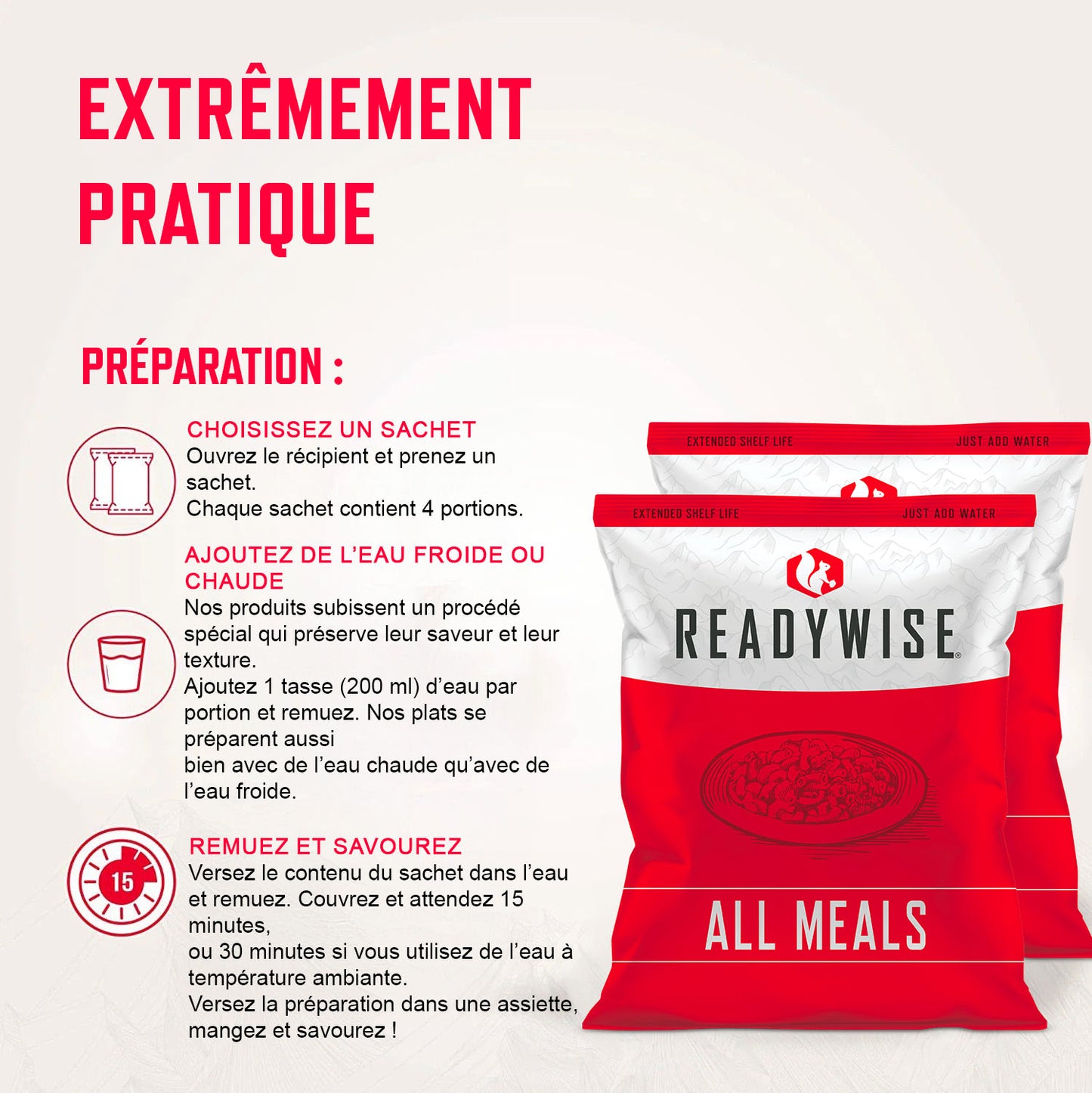 ReadyWise – Seau 80 portions viande & riz (bœuf, poulet), lyophilisé, jusqu'à 15 ans de conservation