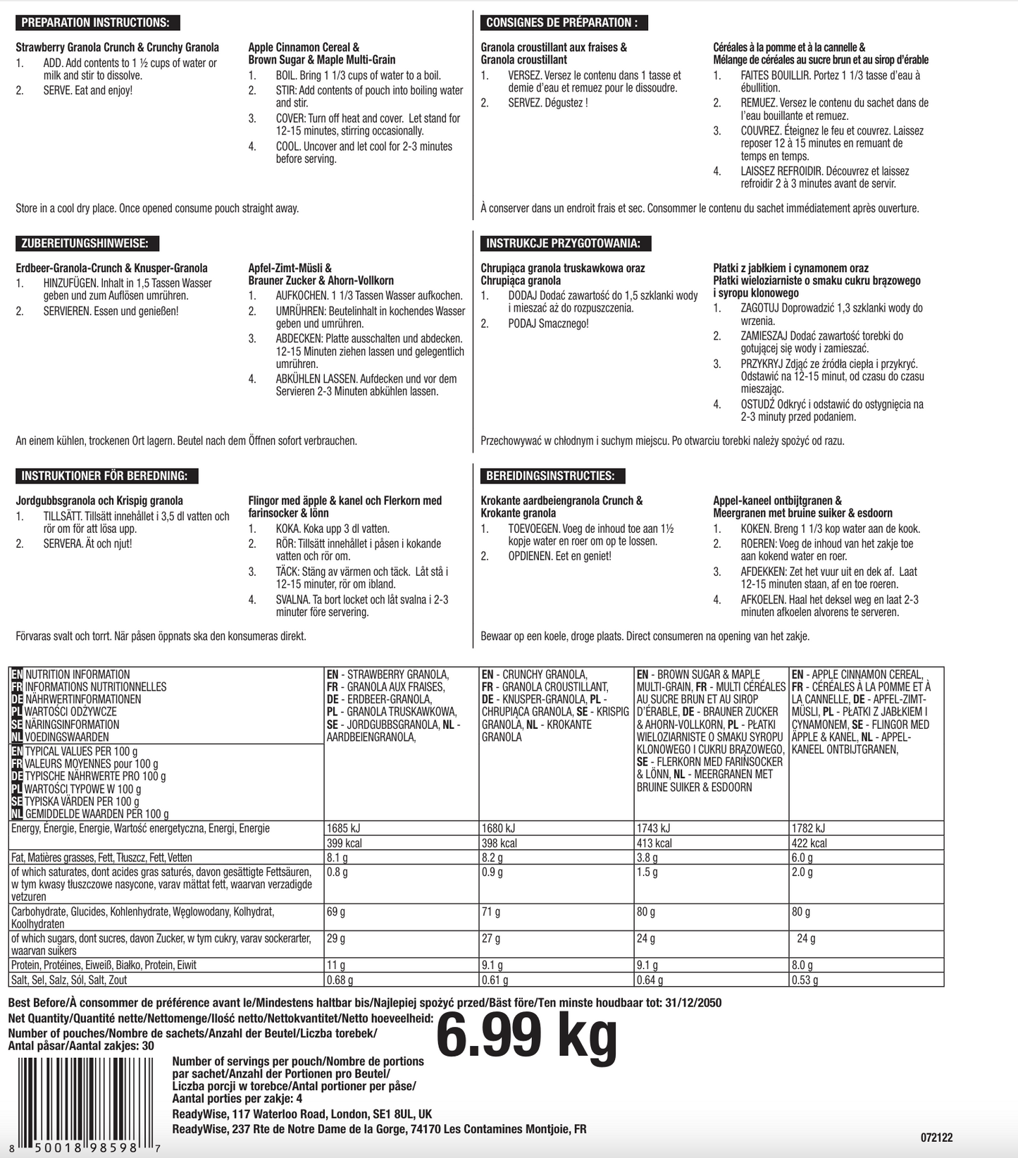 Petit-déjeuner de 120 portions, repas végétariens lyophilisés, jusqu'à 25 ans
