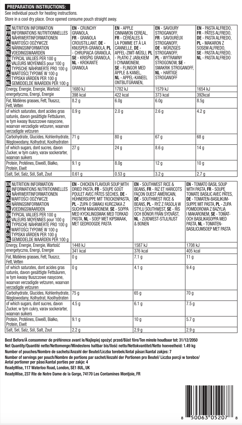 28 portions de petit-déjeuner et d'entrée lyophilisés, DryBag, jusqu'à 25 ans