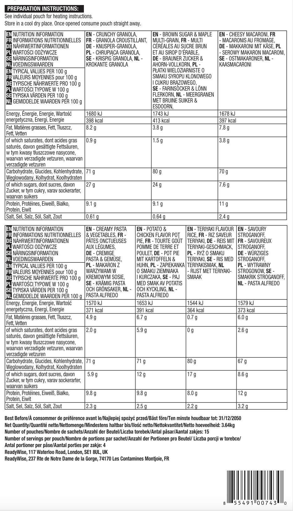 60 portions de petit-déjeuner et d'entrée lyophilisés, DryBag, jusqu'à 25 ans