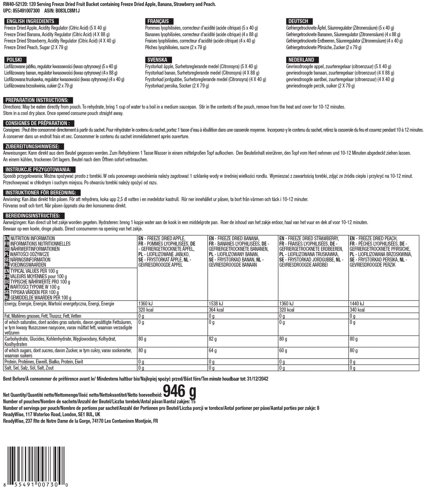 Seau de fruits lyophilisés de 120 portions, jusqu'à 25 ans