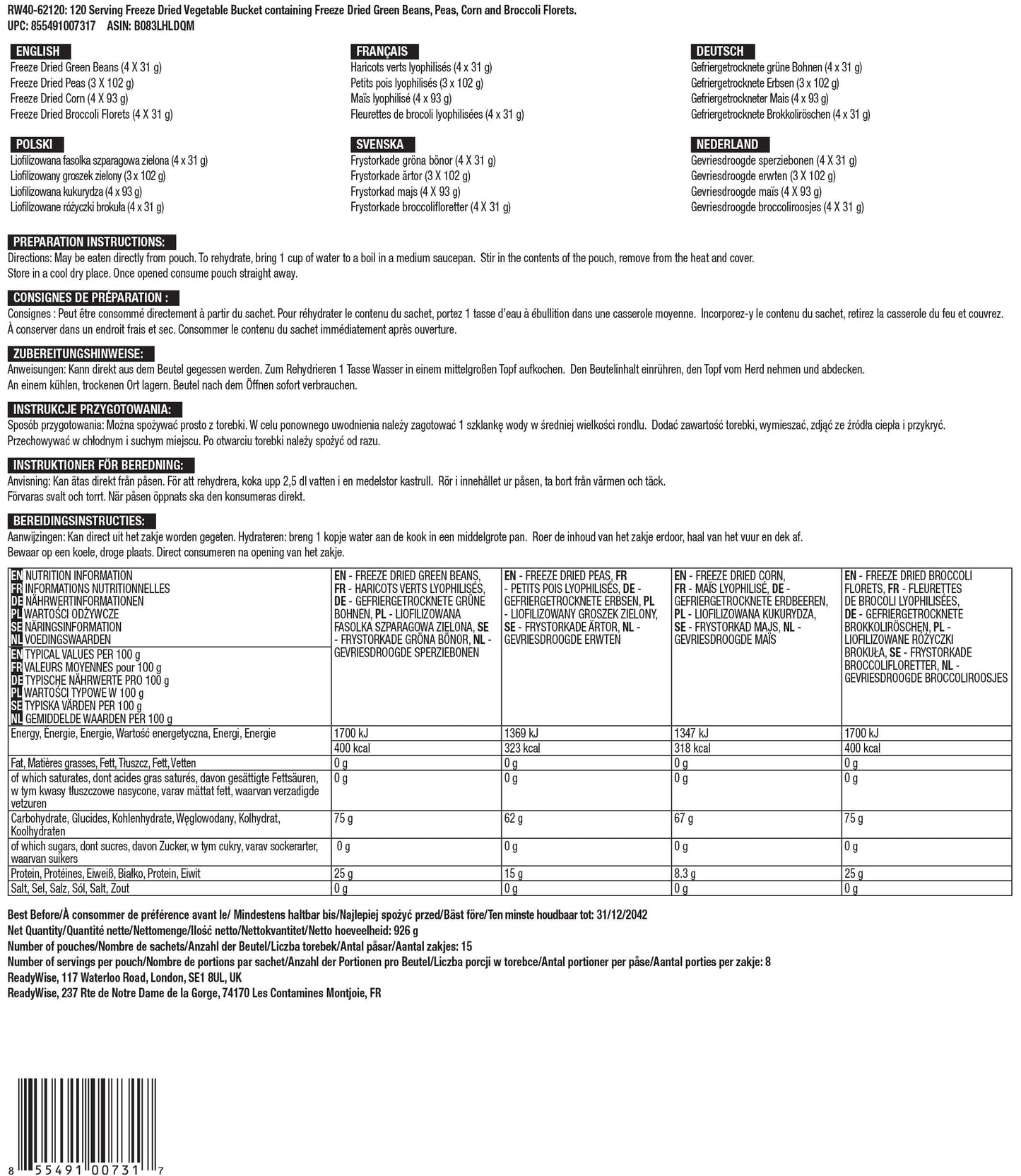 Seau de légumes lyophilisés de 120 portions, jusqu'à 25 ans
