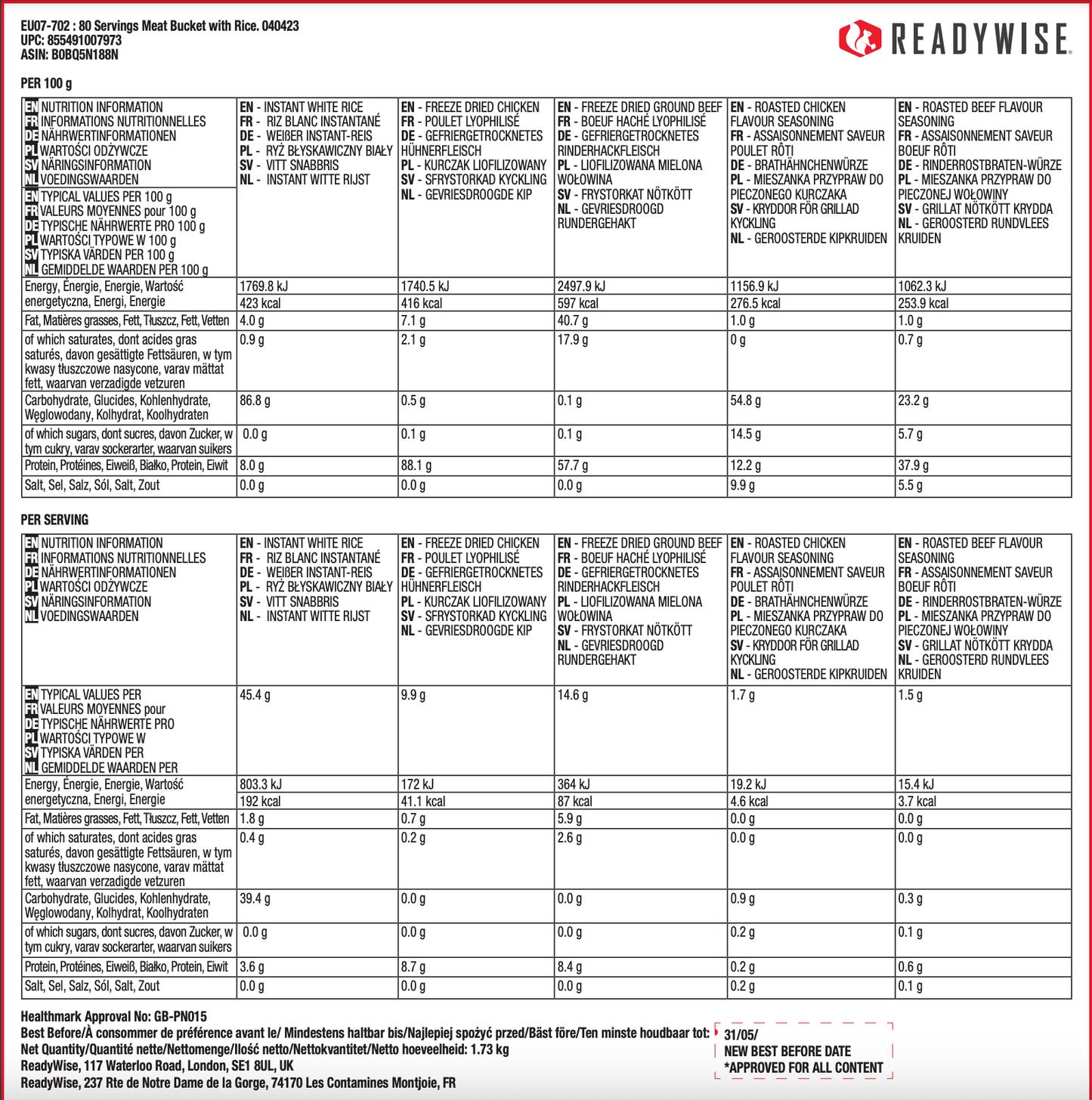 Seau de 80 portions de viande et de riz, lyophilisé, jusqu'à 15 ans
