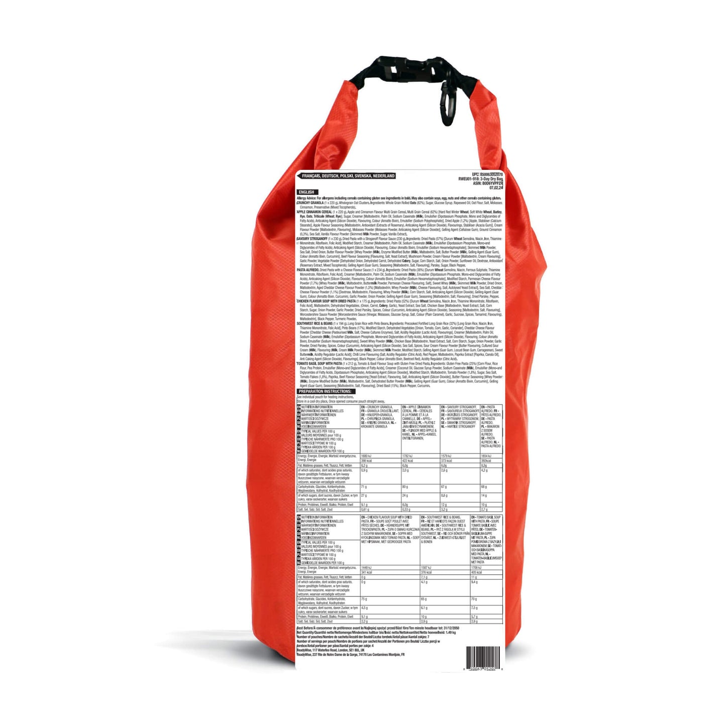 28 portions de petit-déjeuner et d'entrée lyophilisés, DryBag, jusqu'à 25 ans