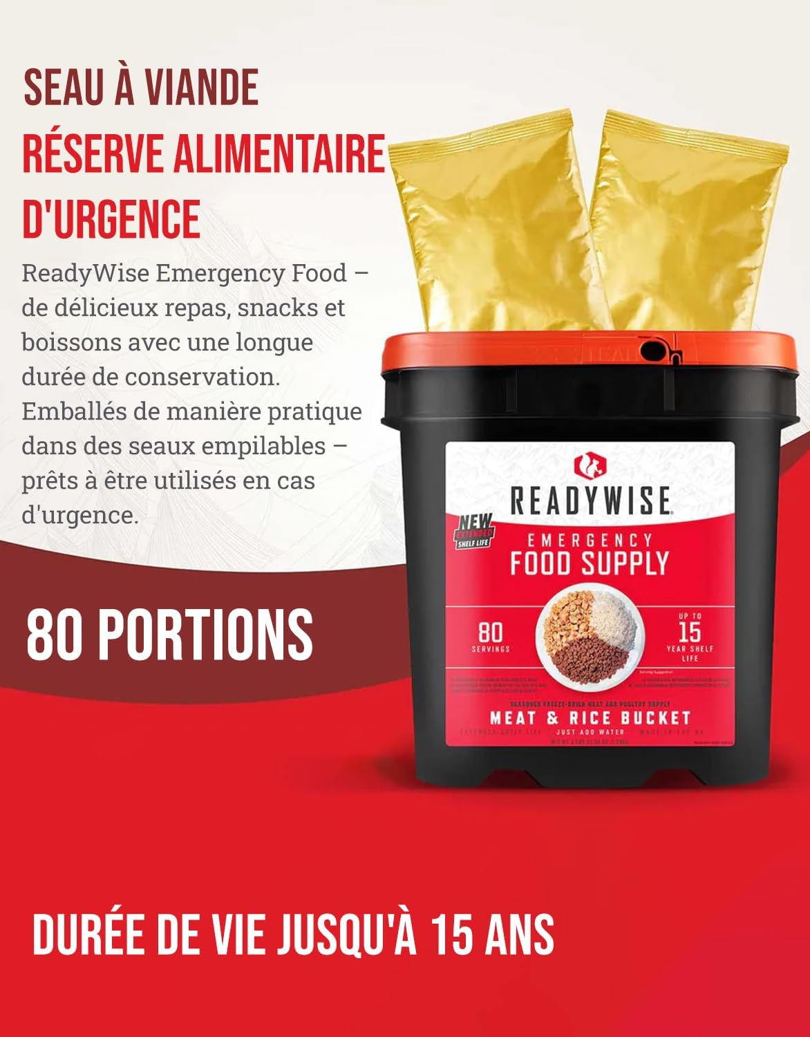 Seau de 80 portions de viande et de riz, lyophilisé, jusqu'à 15 ans
