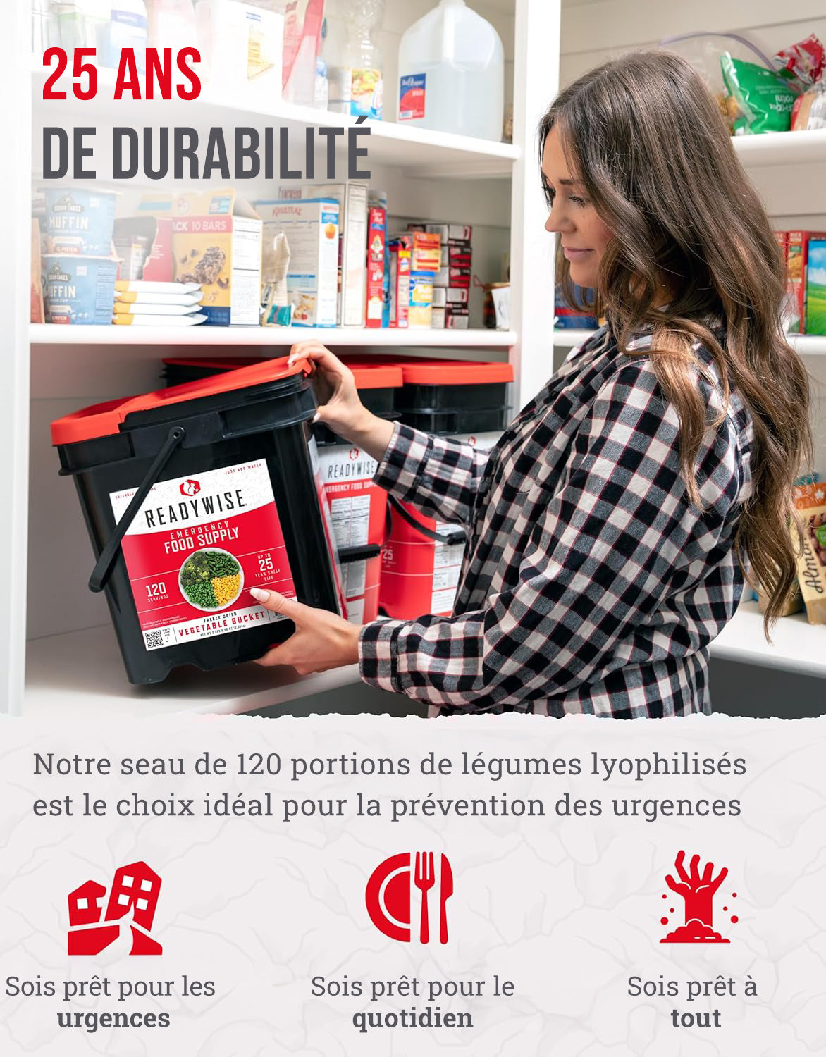 Seau de légumes lyophilisés de 120 portions, jusqu'à 25 ans