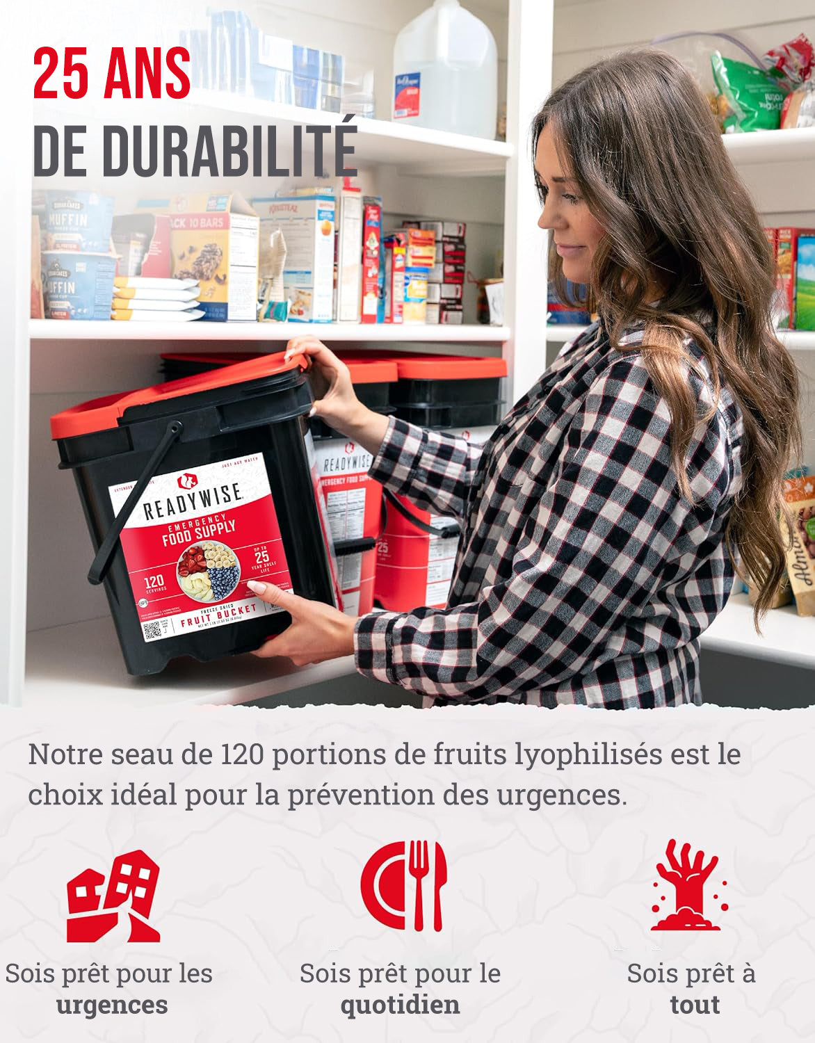 ReadyWise – Seau 120 portions de fruits lyophilisés (banane, fraise, pomme, pêche), jusqu'à 25 ans de conservation