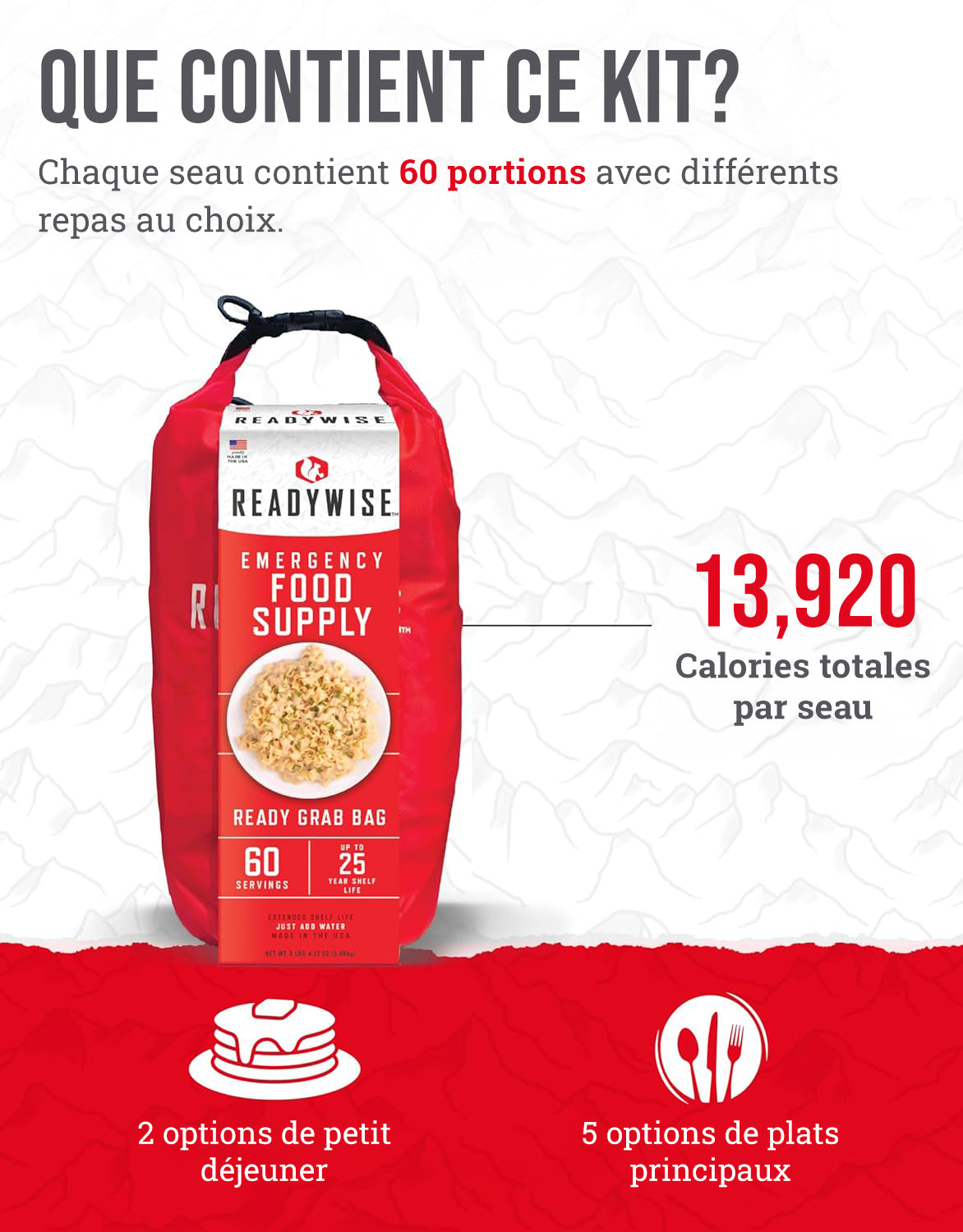 60 portions de petit-déjeuner et d'entrée lyophilisés, DryBag, jusqu'à 25 ans