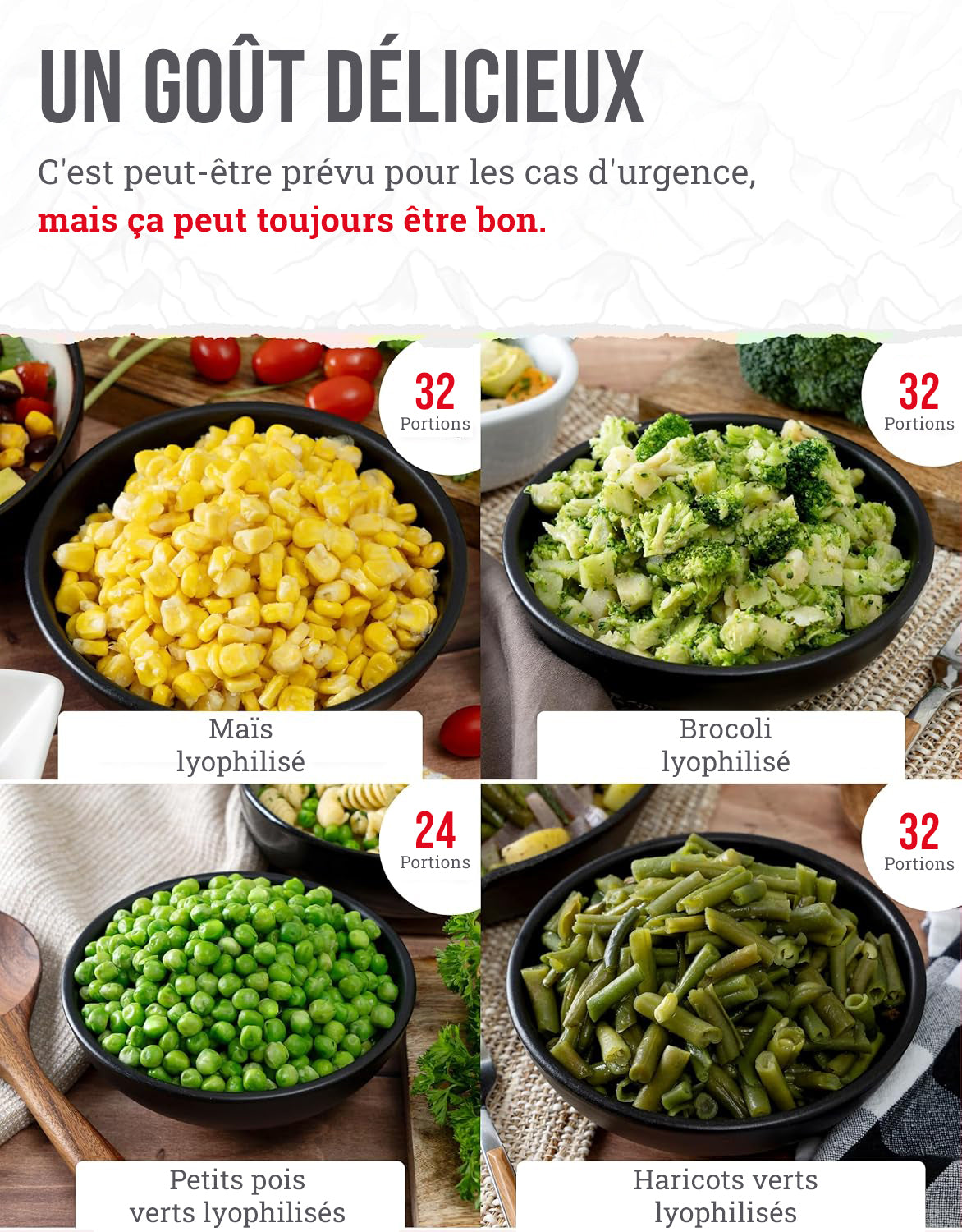 Seau de légumes lyophilisés de 120 portions, jusqu'à 25 ans