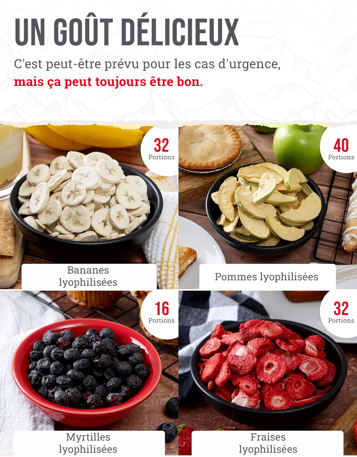 Seau de fruits lyophilisés de 120 portions, jusqu'à 25 ans