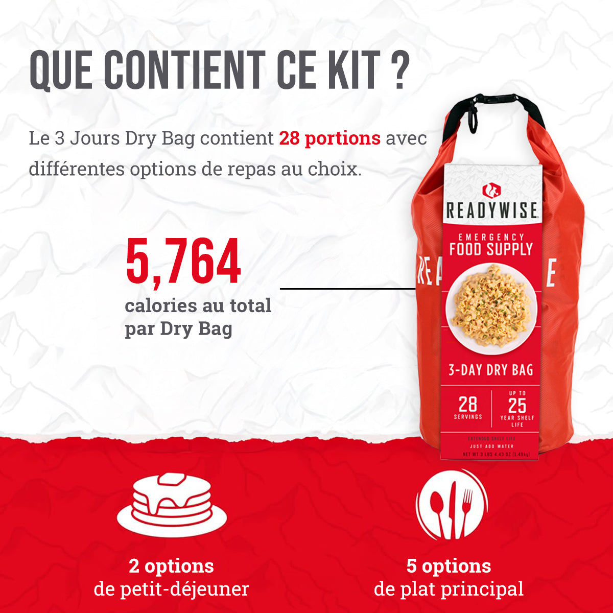 28 portions de petit-déjeuner et d'entrée lyophilisés, DryBag, jusqu'à 25 ans